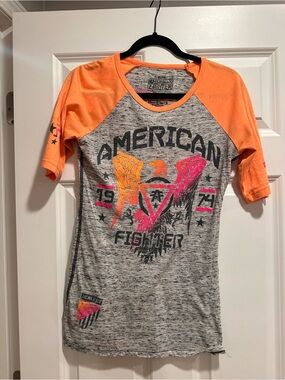 American Fighter womens Gray & Orange Graphic Raglan Tee